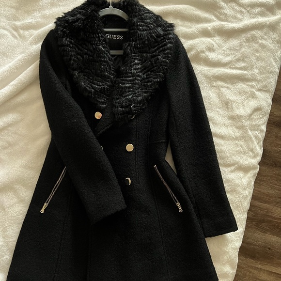 Guess Black Double-Breasted Pea Coat with Faux Fur Collar - Picture 2 of 3